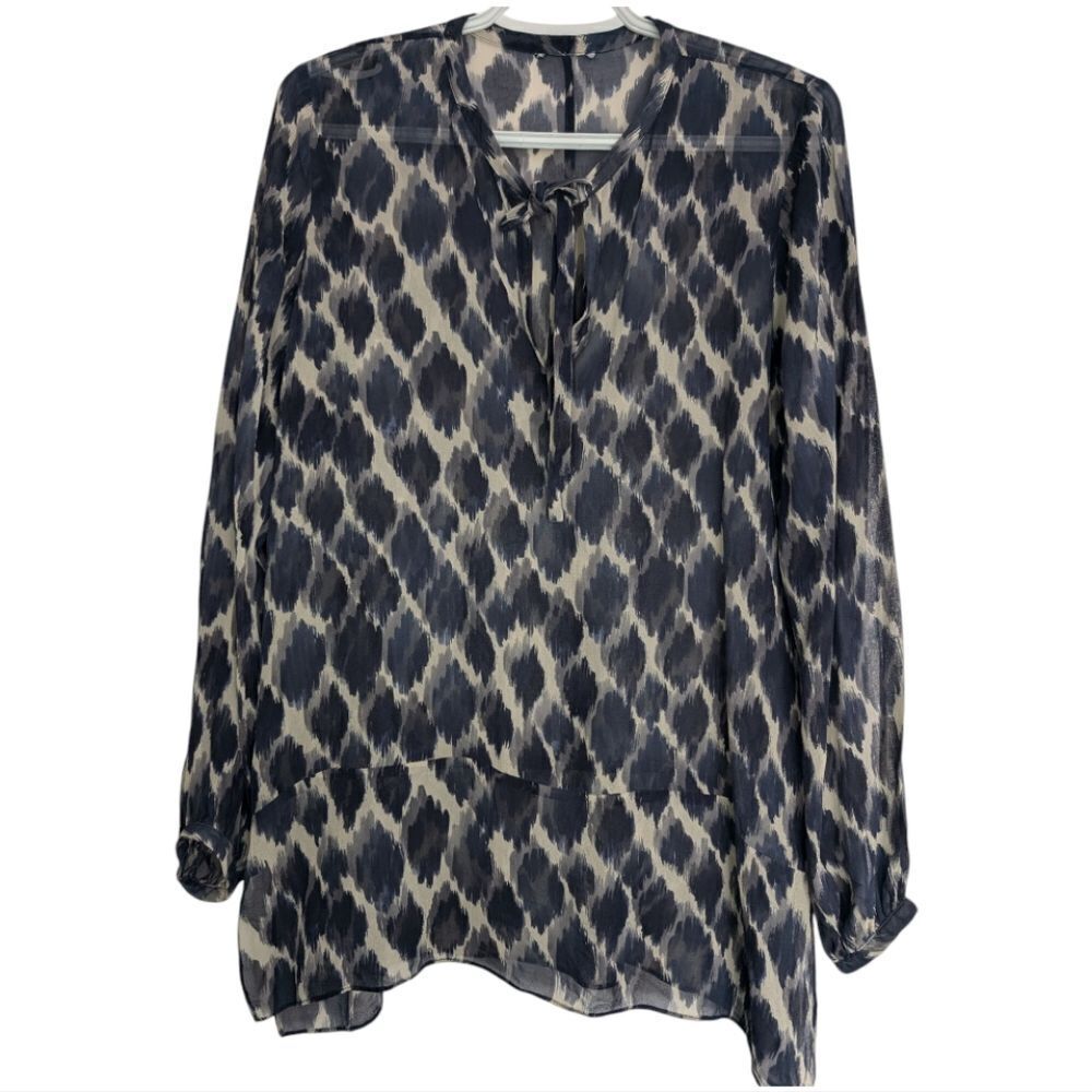 Club Monaco Women's Navy Blue Sheer 100% Silk Abstract Tie Neck Tunic Blouse